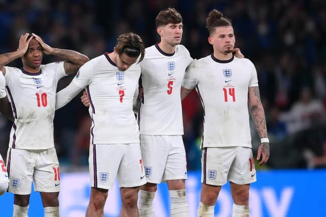 Kalvin Phillips lines up with England at Wembley during a penalty shoot-out with Italy. Pic: Getty
