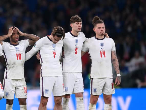 Kalvin Phillips lines up with England at Wembley during a penalty shoot-out with Italy. Pic: Getty