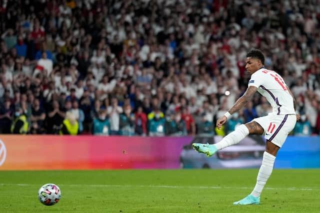 Marcus Rashford of England misses their team's third penalty in the penalty shoot out. (Photo by Frank Augstein - Pool/Getty Images)
