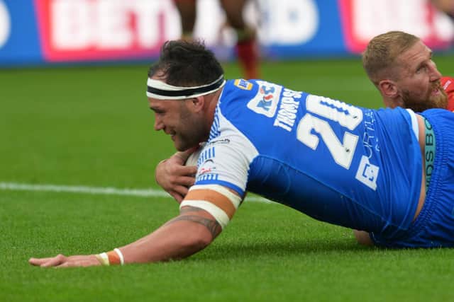 Rhinos' Bodene Thompson scored agianst Catalans, but also picked uop a three-match ban. Picture by Jonathan Gawthorpe.