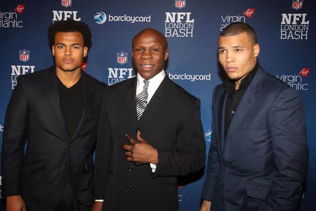 File photo dated 27/10/12 of Chris Eubank with two of his sons Sebastian Eubank (left) and Chris Eubank Junior (right) arriving at the NFL Pre-game Party at Under The Bridge at the Chelsea Football Ground in London. Sebastian Eubank, the third oldest of boxer Chris Eubank's five children, died on Friday morning in Dubai, days before his 30th birthday (photo: PA).
