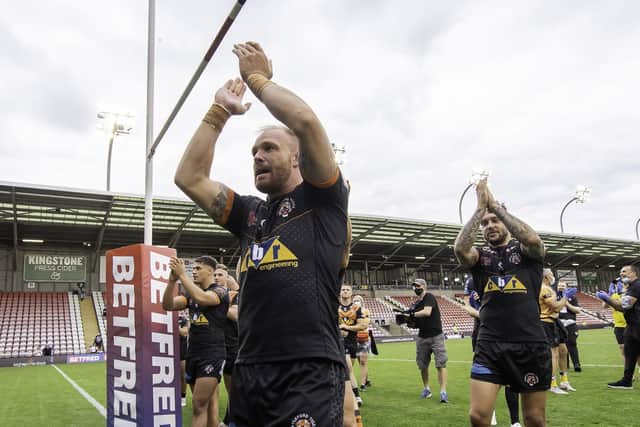 Oliver Holmes applauds Tigers' fans following the semi-final win over Warrington. Picture by Allan McKenzie/SWpix.com.