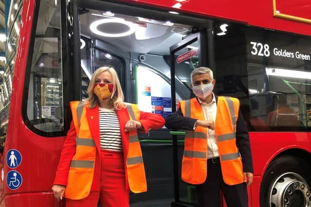 Mayor of London Sadiq Khan and the mayor of West Yorkshire Tracy Brabin during a visit Switch Mobility, an electric bus factory in Sherburn in Elmet, North Yorkshire, which provides buses to London (photo: Amy Murphy/PA Wire).
