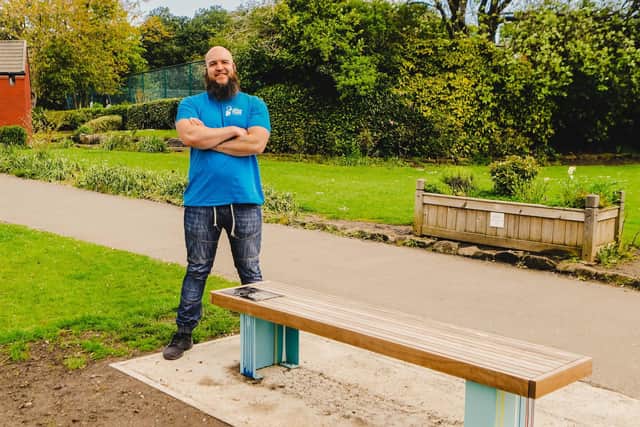 Ben Buddy Slack with his bench awarded by the National Lottery.