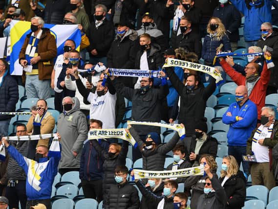 BACK SOON: Leeds United's supporters in the Elland Road stands at the 2020-21 Premier League season finale against West Brom. Photo by Stu Forster/Getty Images.