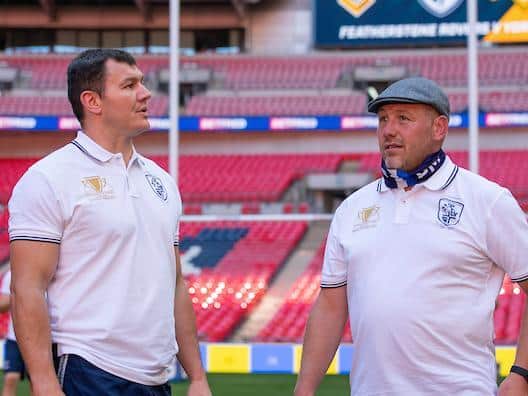 Rovers player Brett Ferres and assistant-coach Paul March at Wembley yesterday. Picture by Allan McKenzie/SWpix.