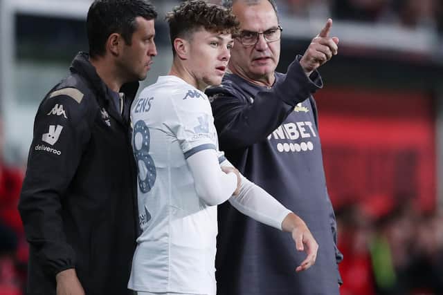 TRIAL: For Leeds United's Jordan Stevens, centre, at Harrogate Town. Photo by Matt King/Getty Images.