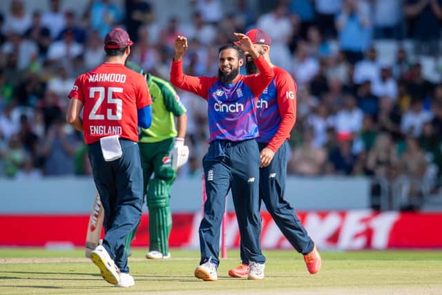 England's Adil Rashid celebrates taking a catch from his own bowling to dismiss Pakistan's Mohammad Rizwan. Picture by Allan McKenzie/SWpix.com