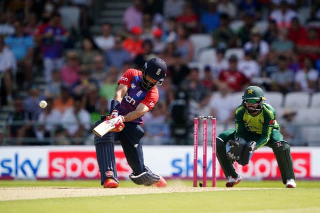 England's Moeen Ali smashes the ball for six during the Twenty20 International match against Pakistan at Emerald Headingley. Picture: Zac Goodwin/PA