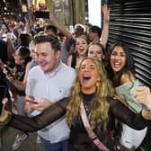 People queuing for Bar Fibre in Leeds city centre after the final legal coronavirus restrictions were lifted in England at midnight. PIC: PA