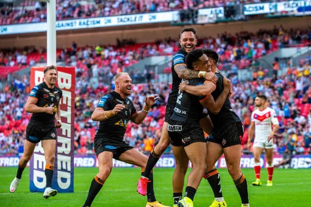 Celebrations after Niall Evalds' try. Picture by Bruce Rollinson.