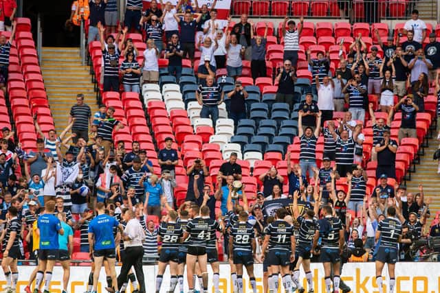 Featherstone Rovers show off the 1895 Cup to their fans at Wembley. Picture by Bruce Rollinson.