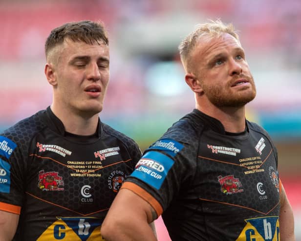 There's no masking the disappointment as Jake Trueman, left and Oliver Holmes reflect on Tigers' Wembley defeat. Picture by Bruce Rollinson.