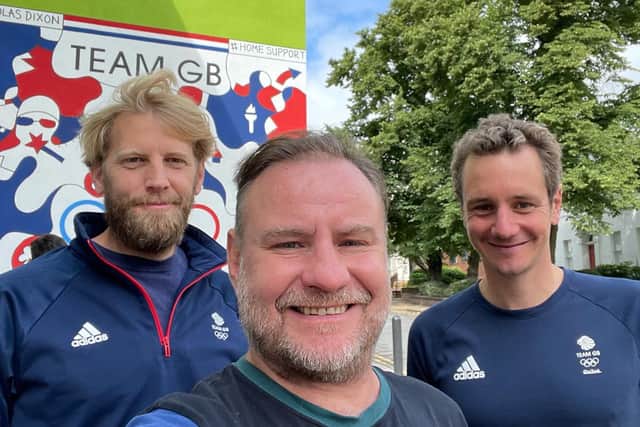 Leeds-based artist Nicholas Dixon (centre) was joined by Olympic rower Andrew Triggs Hodge (left) and double olympic gold medallist Alistair Brownlee at unveiling of new mural.