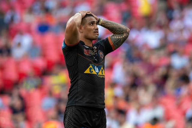 Peter Mata'utia waits for a video ref decision during the Challenge Cup final. Picture by Bruce Rollinson.