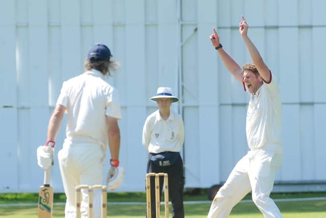 Carlos Prowse, of North Leeds, who scored 25 in the win over Aire-Wharfe Division 2 visitors Bilton, is out caught by Ryan Bradshaw off the bowling of Russell Robshaw. Picture: Steve Riding.