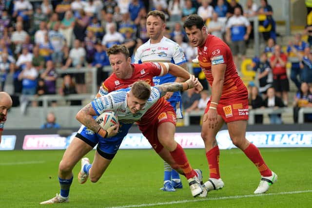 Rhinos' Liam Sutcliffe scores late in the first half of the home meeting with Catalans, but points after the break have been a problem. Picture by Jonathan Gawthorpe.