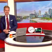 Framegrab from BBC Breakfast showing two clocks on the studio sofa between hosts Dan Walker and Louise Minchin and one superimposed on screen after the on-screen clock broke down (photo: PA).