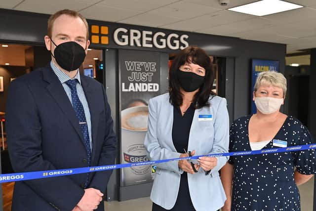 Pictured from left: John Cunliffe, commercial director at Leeds Bradford Airport; Jeni Gerhardt, regional operations manager at Greggs and Margaret Leslie, area manager at Greggs.