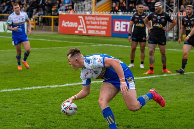 Jack Broadbent, pictured scoring against Castleford, also had a spell on loan at Batley. Picture by Bruce Rollinson.