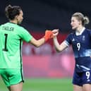TOKYO TONIC: For former Leeds striker Ellen White, right, pictured celebrating her brace in a 2-0 victory against Chile at the delayed 2020 Olympics with Christiane Endler, left. Photo by Masashi Hara/Getty Images.