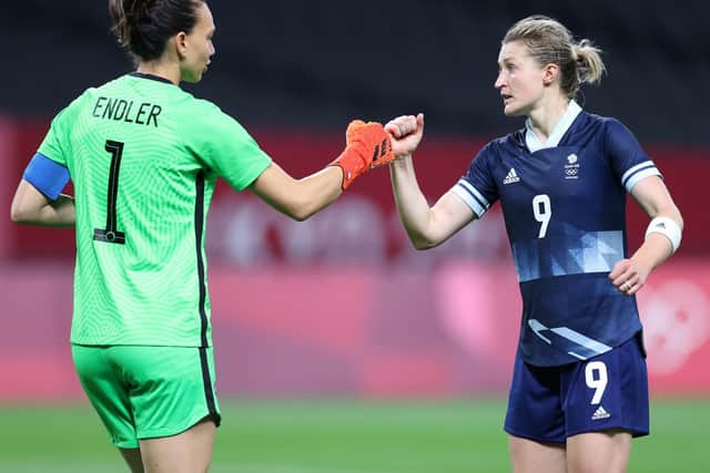 TOKYO TONIC: For former Leeds striker Ellen White, right, pictured celebrating her brace in a 2-0 victory against Chile at the delayed 2020 Olympics with Christiane Endler, left. Photo by Masashi Hara/Getty Images.