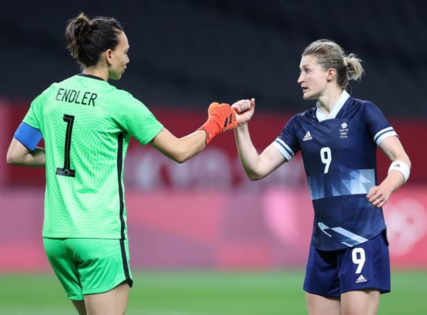 TOKYO TONIC: For former Leeds striker Ellen White, right, pictured celebrating her brace in a 2-0 victory against Chile at the delayed 2020 Olympics with Christiane Endler, left. Photo by Masashi Hara/Getty Images.