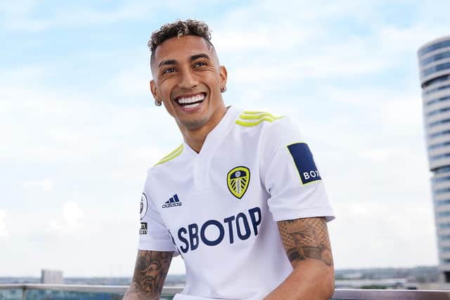 Leeds United's Raphinha in the new home shirt. Pic: Getty