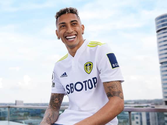 Leeds United's Raphinha in the new home shirt. Pic: Getty