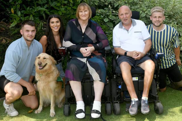 The Hudson/Dykes family at Yeadon, Leeds, lto r.. Jack Dykes, Lucy Dykes, Venus the assistance dog , Nicola Hudson, Steve Hudson and Tom Wharton fiance of Lucy