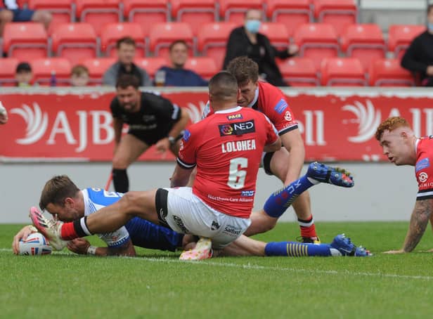 Richie Muyler scores for Rhinos in last month's win at Salford. Picture by Steve Riding.