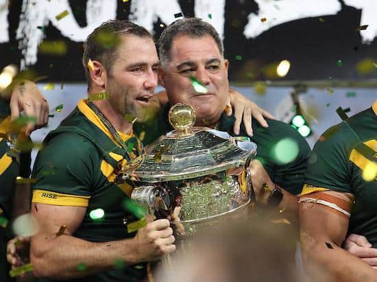 Australia captain Cameron Smith and coach Mal Meninga with the World Cup after the 2008 final. Picture by Tertius Pickard/www.photosport.nz/SWpix.com.