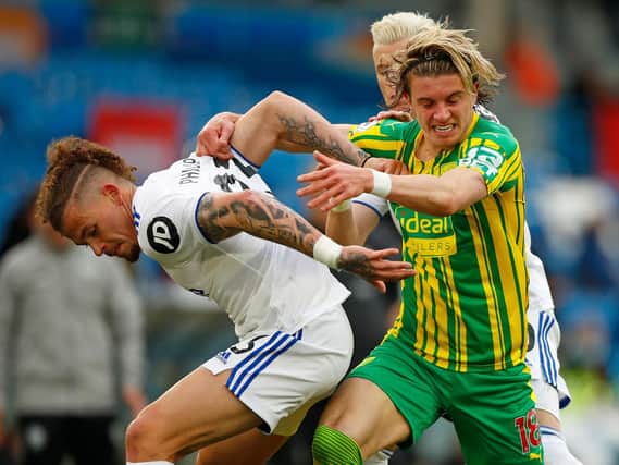 Leeds United's Kalvin Phillips and former West Brom loanee Conor Gallagher battle for the ball at Elland Road. Pic: Getty