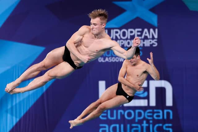FLYING HIGH: Jack Laugher and Chris Mears of Great Britain in action during the Men's 3m Synchro final at the 2018 European Championships. Picture by Alex Whitehead/SWpix.com