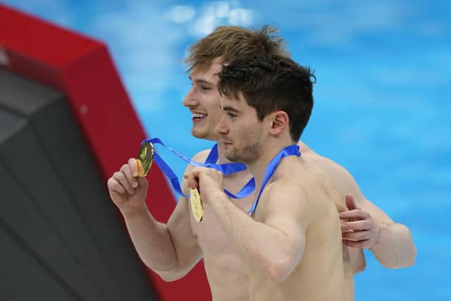 Jack Laugher, left, and Daniel Goodfellow will be hoping to repeat the success they had at the Tokyo Aquatics Centre earlier this year. Picture: Toru Hanai/Getty Images