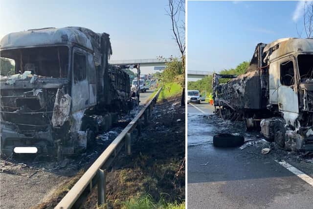 The lorry has been totally gutted by the fire (Pic: Highways England/Twitter)