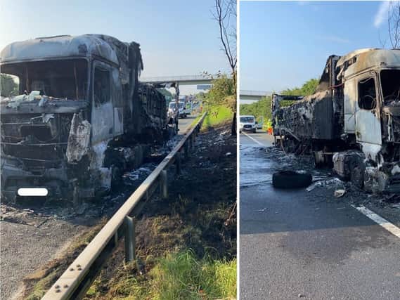 The lorry has been totally gutted by the fire (Pic: Highways England/Twitter)