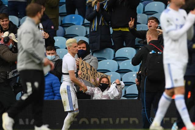 Former Leeds United player Gjanni Alioski says goodbye to fans at Elland Road. Pic: Getty