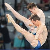 Great Britain's Tom Daley and Matty Lee during the Men's Synchronised 10m Platform at the Tokyo 2020 Olympic Games in Japan. Picture: Michael Kappele/PA Wire via DPA.