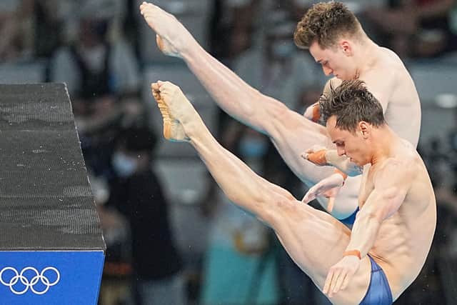 Great Britain's Tom Daley and Matty Lee during the Men's Synchronised 10m Platform at the Tokyo 2020 Olympic Games in Japan. Picture: Michael Kappele/PA Wire via DPA.