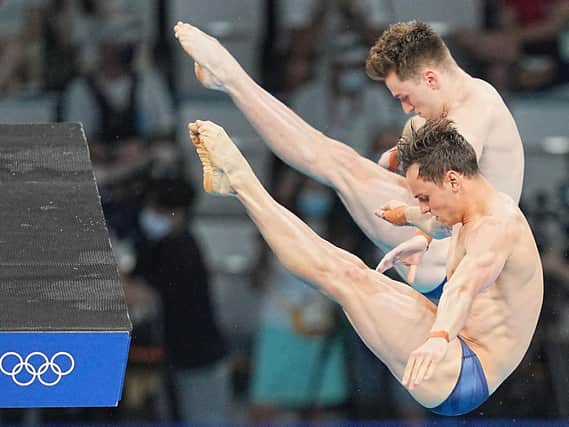 Great Britain's Tom Daley and Matty Lee during the Men's Synchronised 10m Platform at the Tokyo 2020 Olympic Games in Japan. Picture: Michael Kappele/PA Wire via DPA.