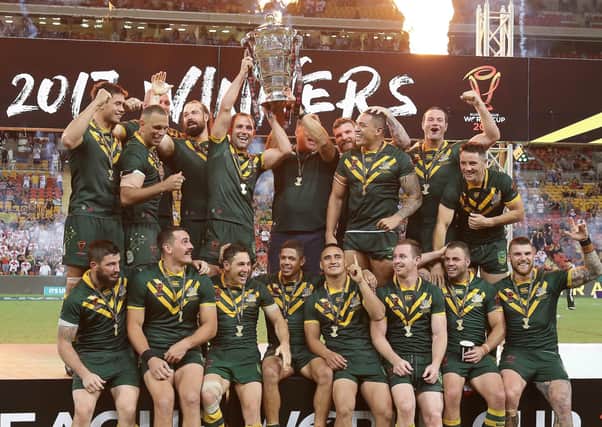 Reigning world champions Australia, above, along with New Zealand have pulled out of this year’s Rugby League World Cup citing player welfare during a global pandemic. Picture: Tertius Pickard/SWpix.com/PhotosportNZ.