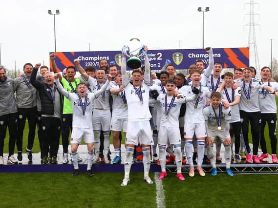 Leeds United Under-23s celebrate with the the Premier League 2 Division 2 trophy. Pic: LUFC