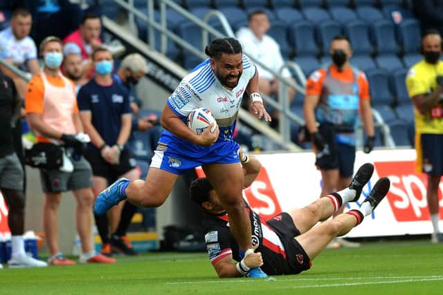 Konrad Hurrell on the charge for Rhinos against Salford.