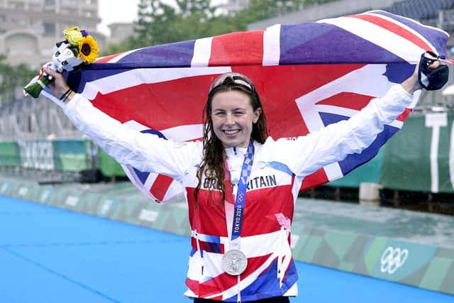 Great Britain's Georgia Taylor-Brown celebrates with her silver medal after the Women's Triathlon at the Odaiba Marine Park (Picture: PA)