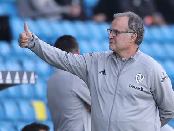 BACK IN ACTION: Leeds United under Whites head coach Marcelo Bielsa, above, via Tuesday evening's pre-season friendly at Guiseley. Photo by CARL RECINE/POOL/AFP via Getty Images.