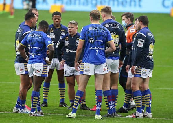 Harvey Whiteley, fifth from left, makes a point during Rhinos' Super League clash with Catalans last season.Picture by Paul Currie/SWpiux.com.