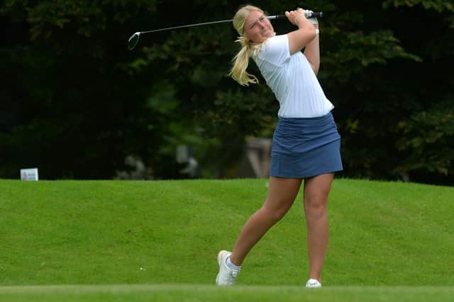 Caitlin Whitehead tees off on Day 1 of the English Men's and Women's Amateur Championships at Headingley Golf Club. Picture: Jonathan Gawthorpe/JPIMedia.