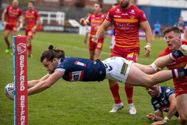 Liam Kay had a try controversially ruled out when Trinity lost at home to Catalans earlier this season. Picture by Bruce Rollinson.