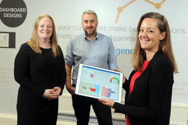 Library image of (from left) Charlotte Bailey, operations director, Ken Miller product director  and Zandra Moore CEO at Panintelligence in Yeadon.  Picture Tony Johnson.
